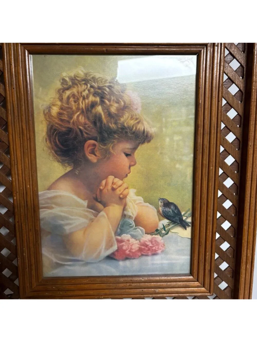 Vintage Praying Child Bird Print Wood Lattice Frame Religious Spring Wall Art